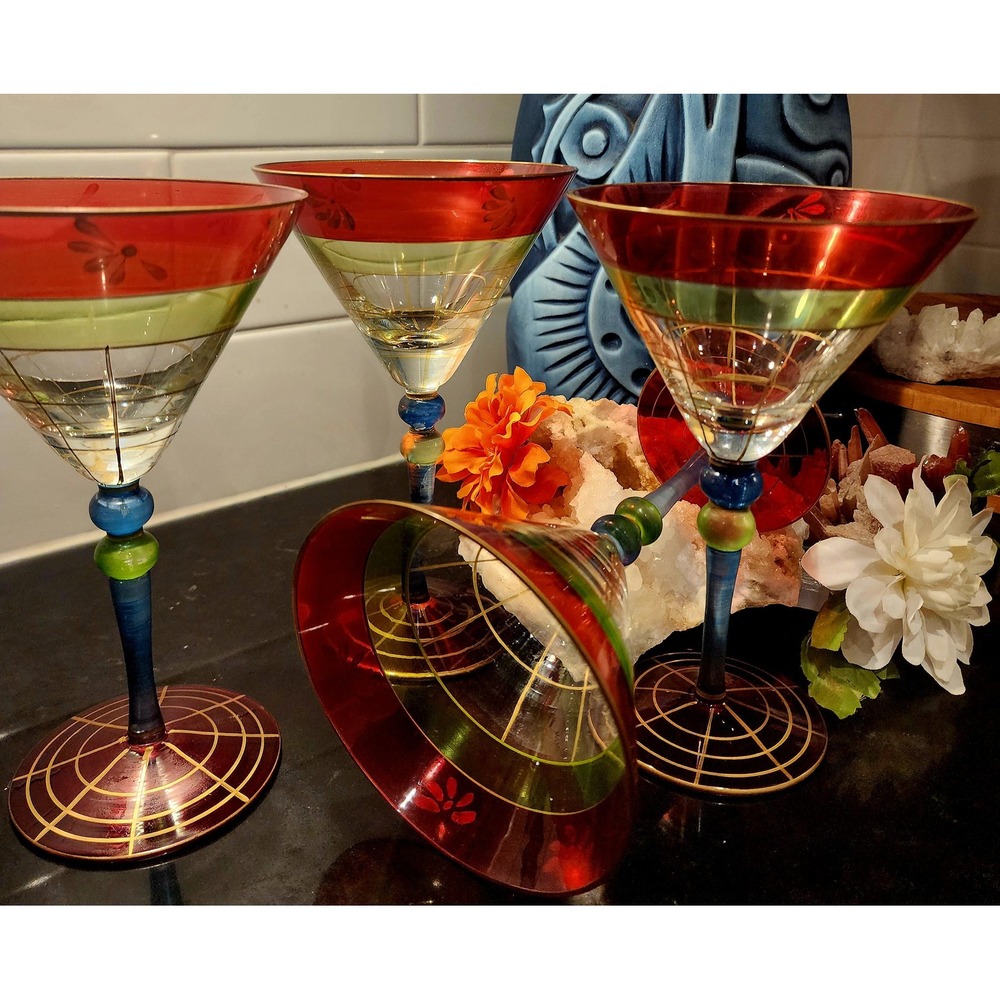 Vintage Roscher Martini Glasses Set 4 Hand Painted Ruby Red Lime Gold 1990s